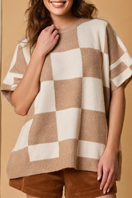 Light French Beige Checkered Pattern Loose Drop Shoulder Half Sleeve Sweater