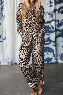 Khaki Leopard Print Colorblock Striped Edge Shirt and Pants Pajama Set