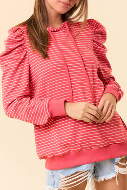 Red Stripe Puff Sleeve Stripe Hoodie
