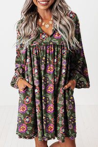 Green Floral Print Split Neck Bubble Sleeve Shift Mini Dress