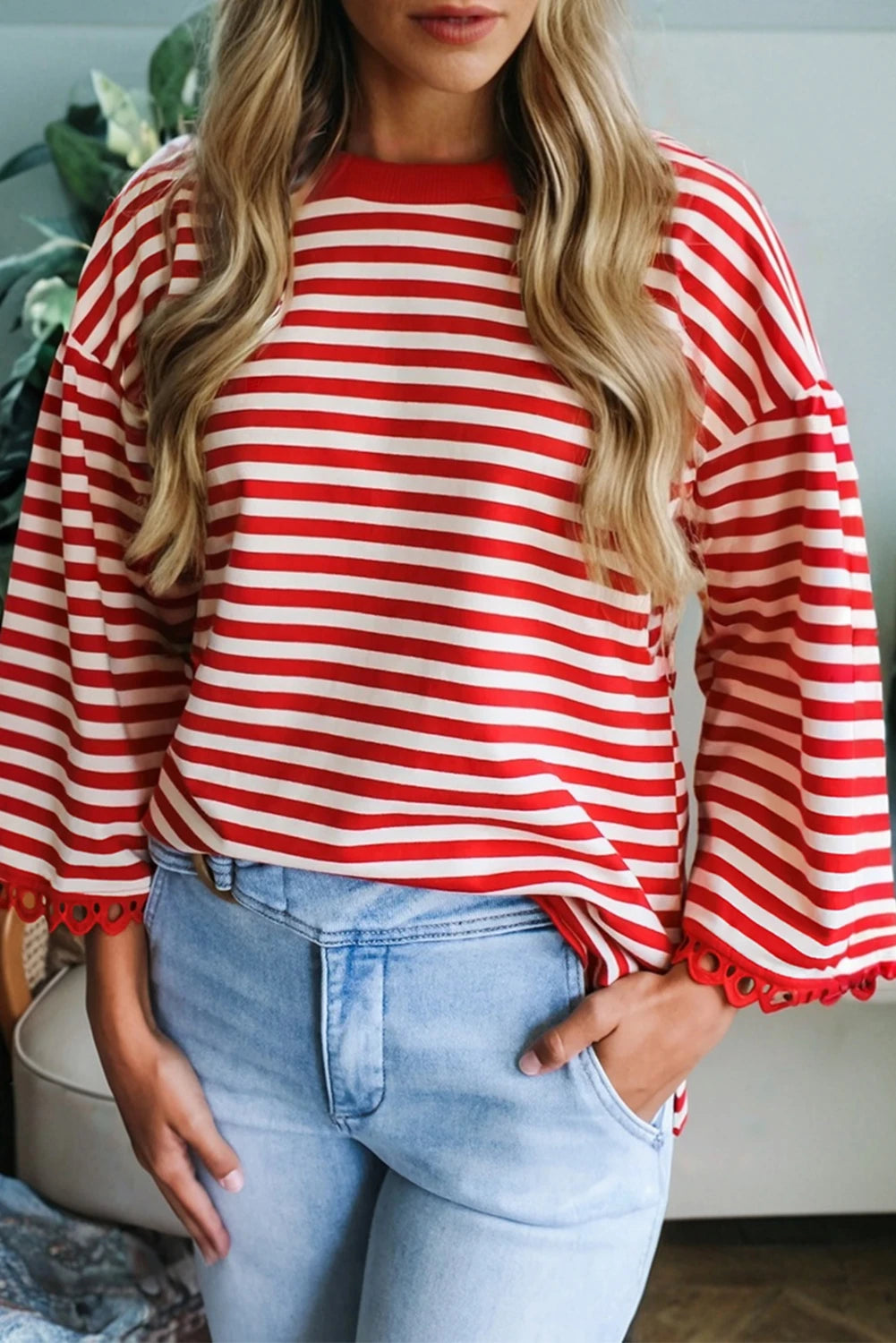 Racing Red Striped Print Drop Shoulder Lace Trim Bracelet Sleeve Loose Top
