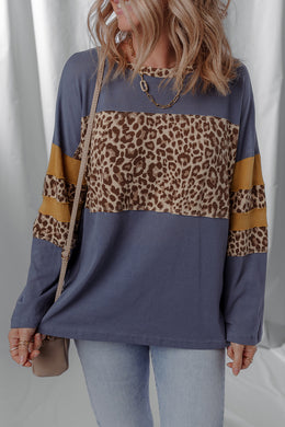Dark Blue Leopard Colorblock Patchwork Long Sleeve Drop Shoulder Top