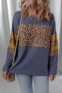 Dark Blue Leopard Colorblock Patchwork Long Sleeve Drop Shoulder Top