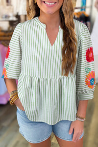 Green Stripe Flower Puff Sleeve Notched V Neck Babydoll Blouse