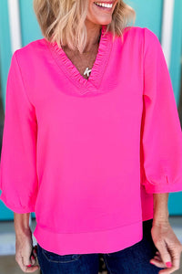 Bright Pink Frilled V Neckline Bracelet Sleeve Crinkled Blouse