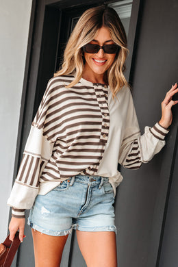 Khaki Stripe Stitched Detail Color Block Patchwork Oversized Pullover Top