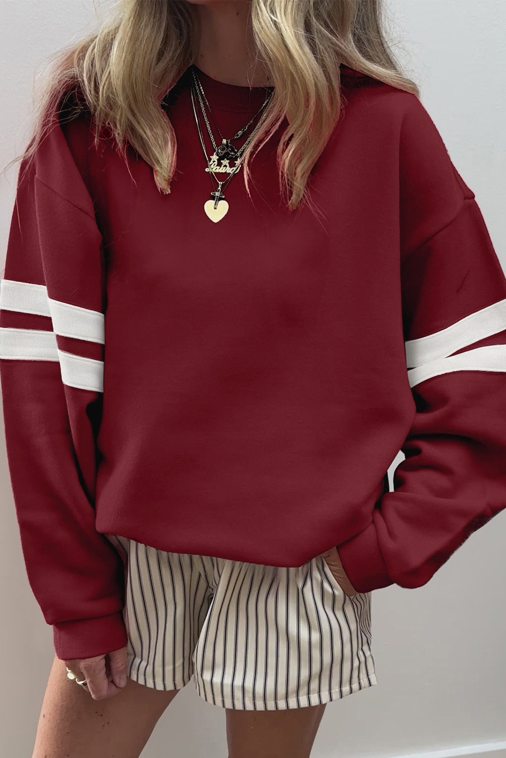 Red Dahlia Varsity Striped Detail Drop Shoulder Oversized Sweatshirt
