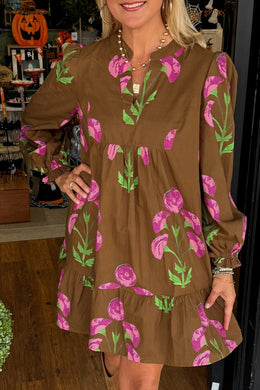 Brown Contrast Floral Print Babydoll Tunic Ruffled Hem Puff Sleeve Dress