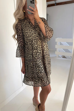 Khaki Leopard 3/4 Sleeve V Neck Swing Dress