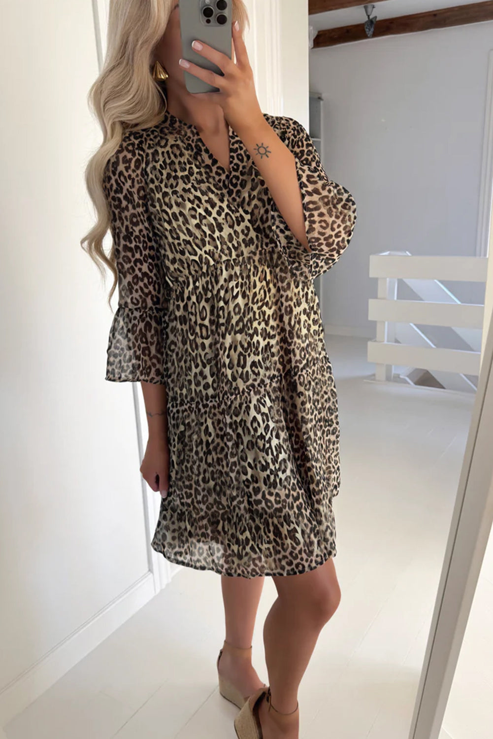 Khaki Leopard 3/4 Sleeve V Neck Swing Dress