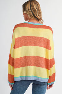 Yellow Stripe Contrasting Trim Round Neck Oversize Sweater