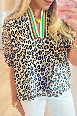Khaki Leopard Color Block Contrast Striped V Neck Half Sleeve Loose Fit Blouse