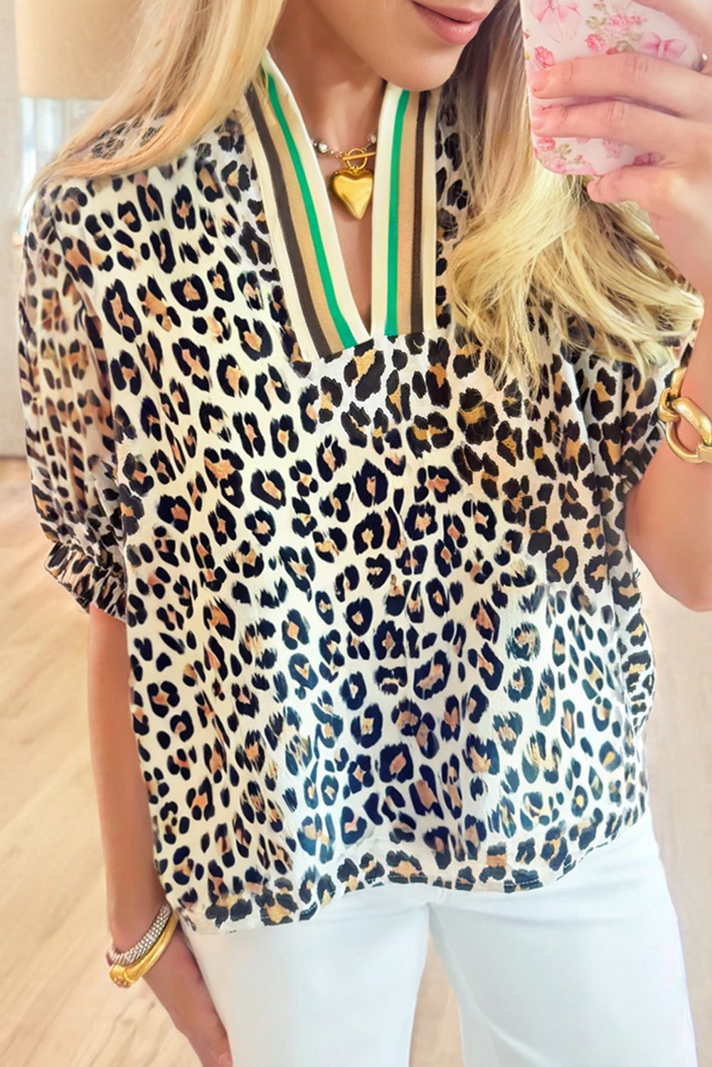 Khaki Leopard Color Block Contrast Striped V Neck Half Sleeve Loose Fit Blouse