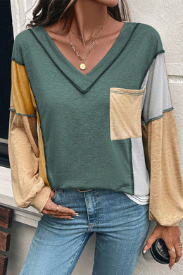 Four Leaf Clover Exposed Stitching Colorblock V Neck Long Sleeve Top