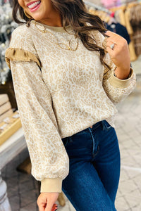 Khaki Leopard Ruffle Detail Ribbed Trim Round Neck Sweatshirt