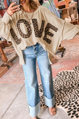 Parchment Oversize Leopard LOVE Patched Graphic Round Neck Casual Sweatshirt