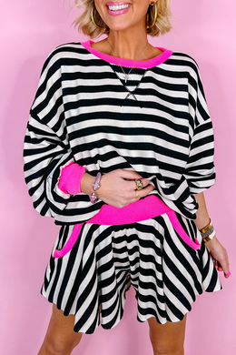 Black Stripe Contrast Ribbed Banding Long Sleeve Blouse Loose Shorts Set