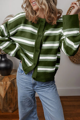 Green Stripe Drop Shoulder Buttons Cardigan Sweater