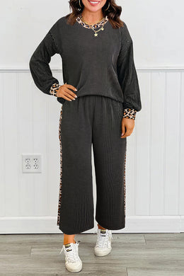 Carbon Grey Twisted Rib Texture Leopard Patchwork Detail 2pcs Pant Set