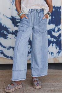 Beau Blue Drawstring Seam Detail Raw Hem Wide Leg Denim Pants
