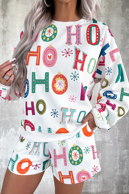 White Ho Ho Ho Christmas Fashion Print 2pcs Lounge Short Set