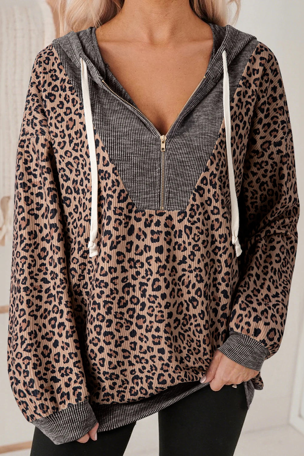 Khaki Ribbed Leopard Print Contrast Collar Zip Hooded Pullover Sweatshirt