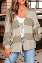 Khaki Striped Color Block Brushed Knit Bow Tie Front Sweater Cardigan