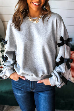 Light Grey Contrast Bow Applique Drop Sleeve Round Neck Sweatshirt