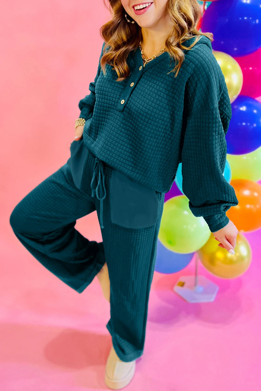 Skobeloff Waffled Textured Raw Edge Patchwork 2pcs Loose Pant Set