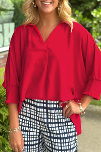 Fiery Red V Neck Collared Shirred 3/4 Sleeve Oversized Tunic Top