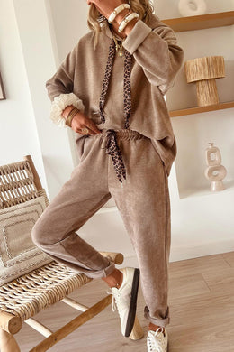 Dark Khaki Lace Drawstring Pullover Hoodie and High Waist Pants Corduroy Suit