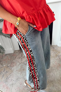 Myosotis Leopard Striped Side Patchwork Non-stretch Loose Jeans