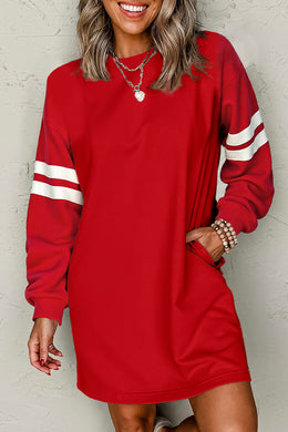 Fiery Red Varsity Contrast Banded Sleeve Shift Sweatshirt Dress