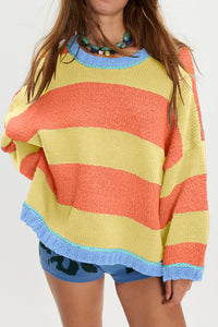 Yellow Stripe Contrasting Trim Round Neck Oversize Sweater