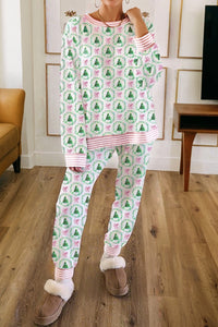 Green Bow Christmas Tree Print Contrast Striped Banding 2pcs Lounge Set
